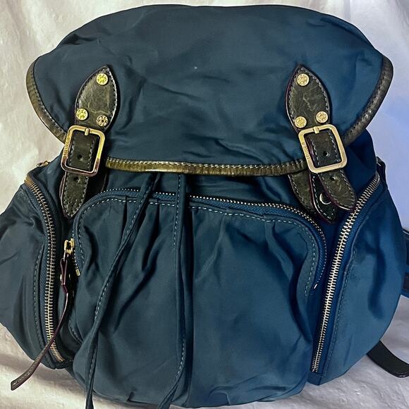 MZ Wallace Teal Nylon Drawstring Backpack Yellow Lining Leather Trim - Picture 7 of 16